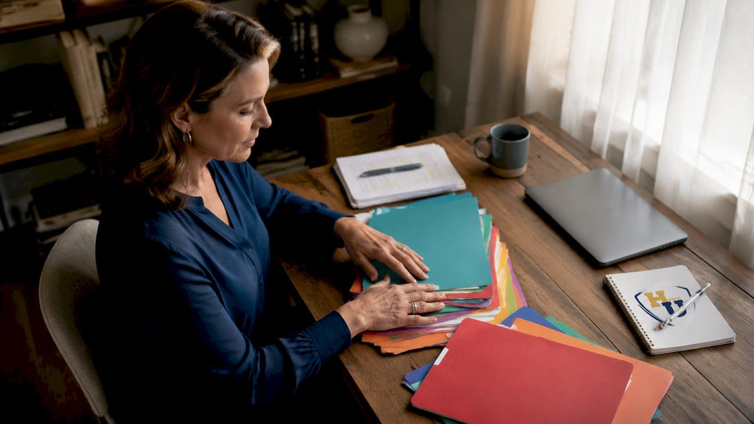Woman sorting various document folders at office desk