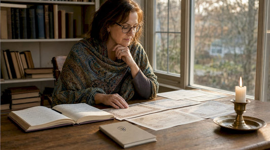 Woman reviewing religious certificates at desk