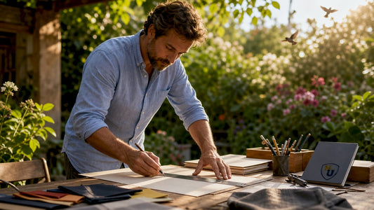 Artisan measuring document cover at craft bench