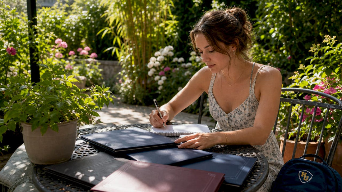 Woman comparing diploma covers at desk