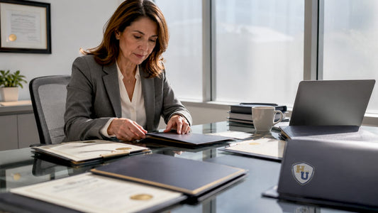 Healthcare administrator reviewing medical licenses