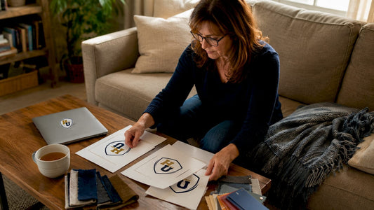 Woman arranging printed document cover layouts