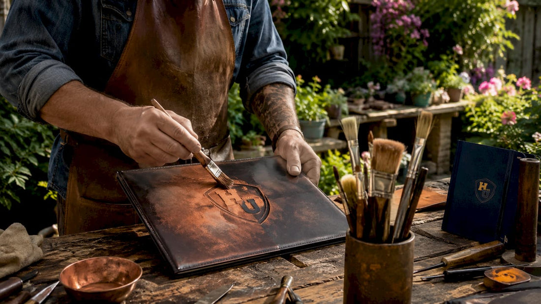 Craftsman's hands applying copper patina finish