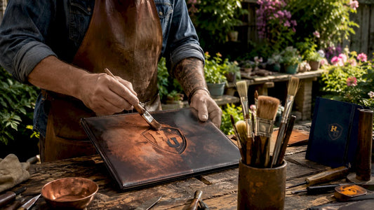 Craftsman's hands applying copper patina finish