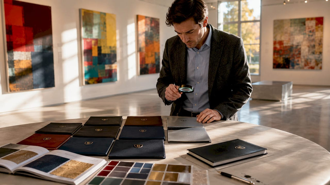 Person examining various diploma cover options