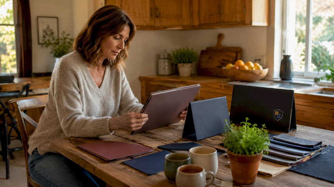 Woman selecting certificate cover styles at desk