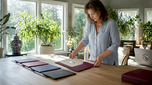 Woman assembling award folders at table