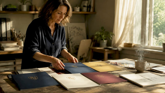 Designer arranging presentation folders on table