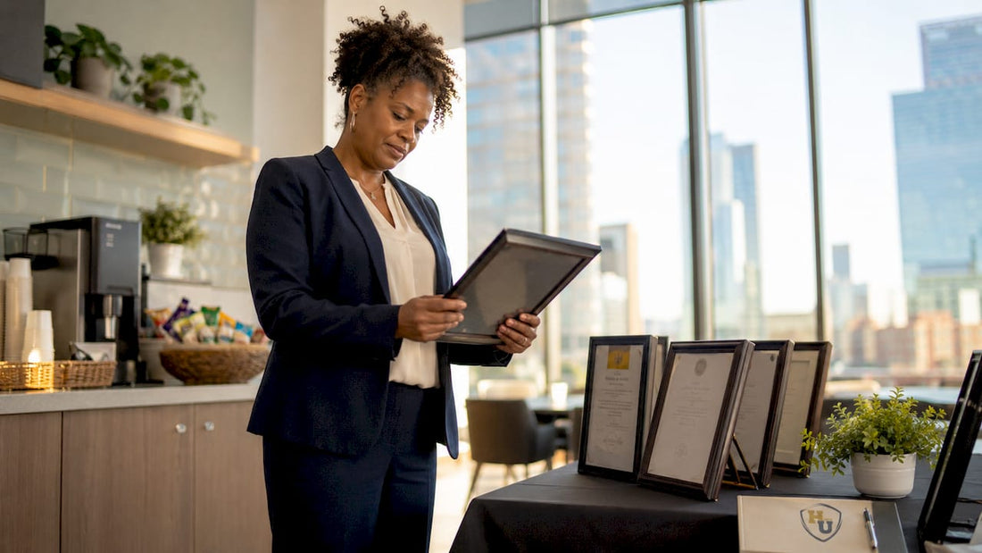 HR professional reviewing framed certificate