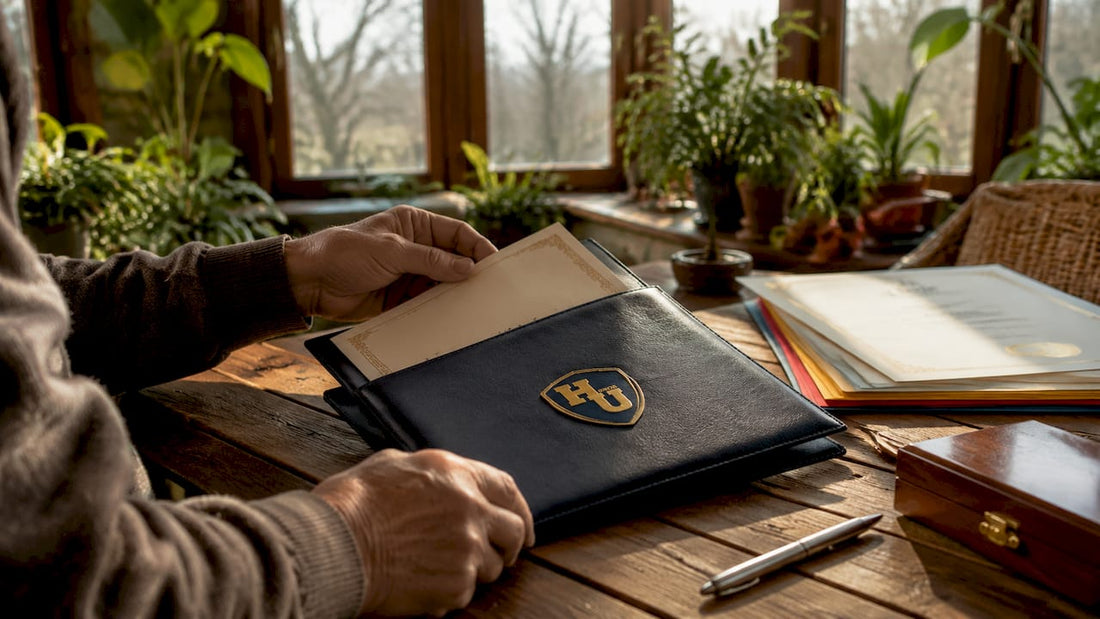 Hands placing diploma into leather cover