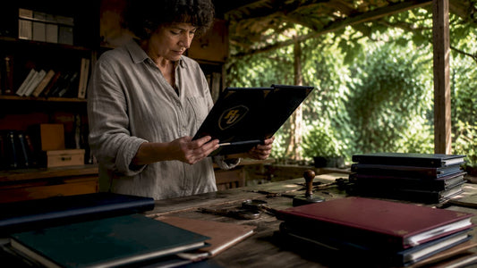 Woman inspecting handcrafted diploma cover in workshop