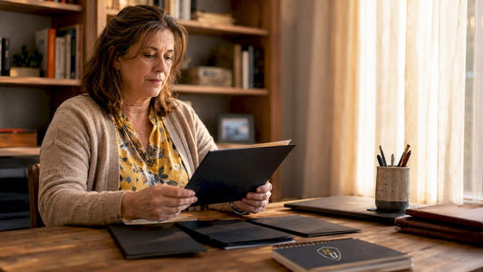 Woman examining diploma cover samples