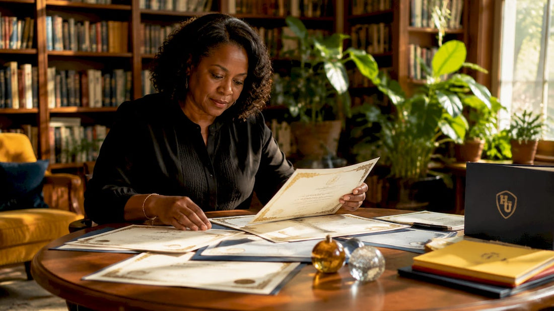 Woman sorting recognition award certificates at desk