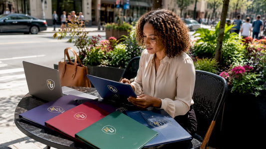 Woman reviewing graduation diploma cover samples