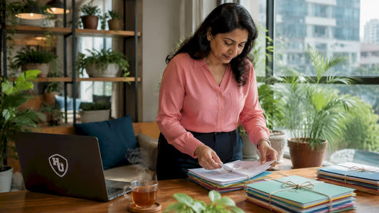 Woman organizing documents for presentation workflow