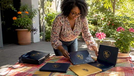 Woman arranging diploma covers in design studio