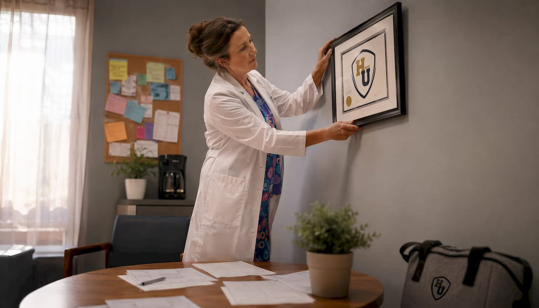 Healthcare professional hanging medical certificate