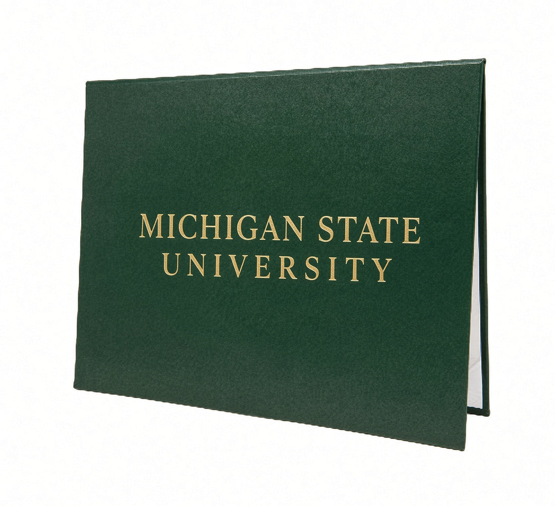 Green Honor U diploma cover with gold foil Michigan State University lettering