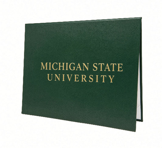 Green Honor U diploma cover with gold foil Michigan State University lettering