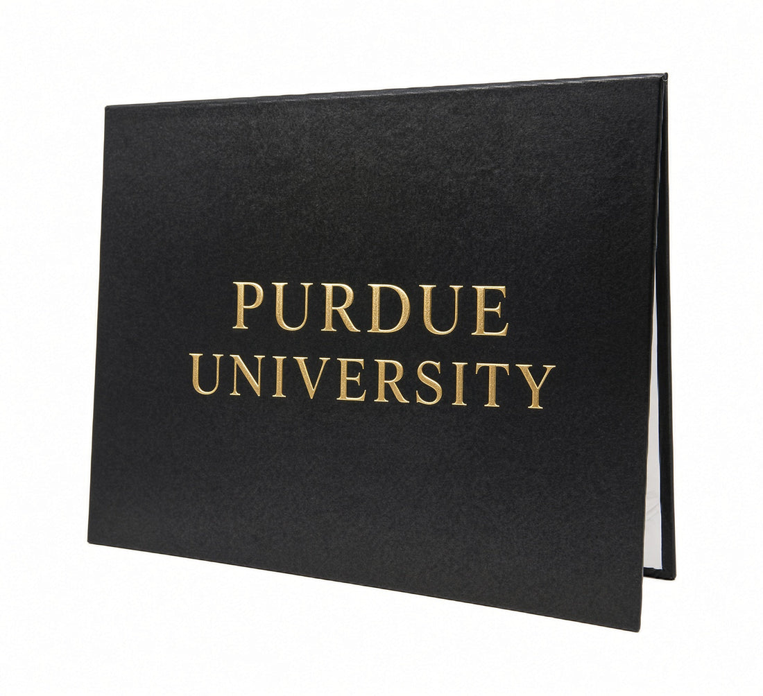 Black Honor U diploma cover with gold foil Purdue University lettering