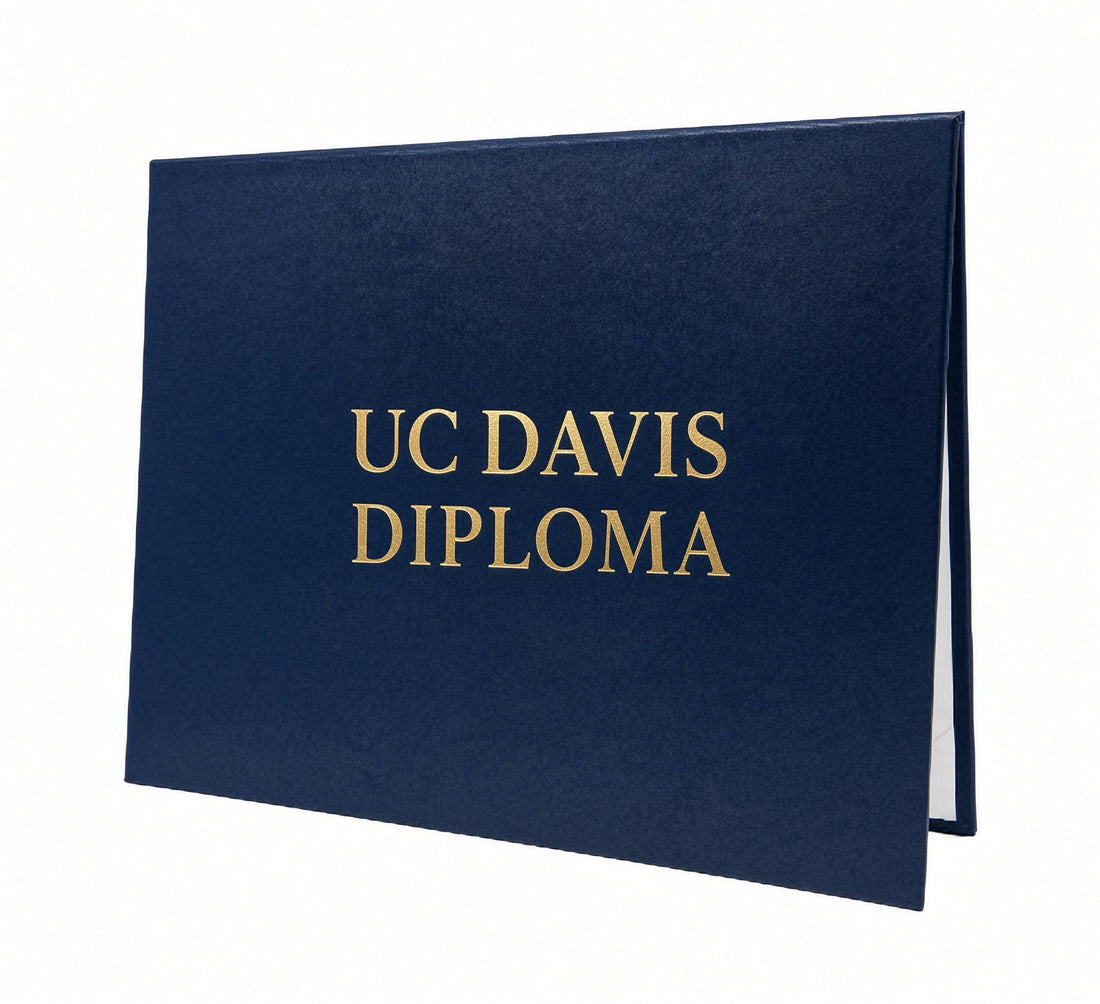 Navy Honor U diploma cover with gold foil UC Davis lettering