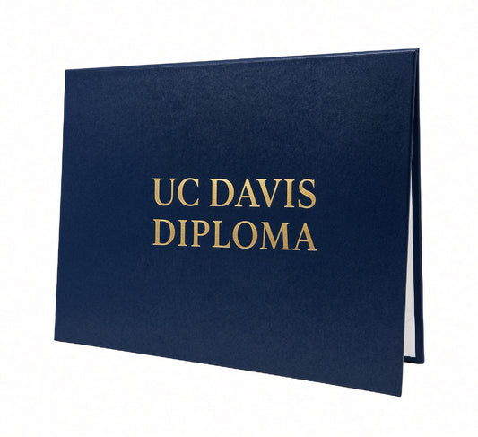 Navy Honor U diploma cover with gold foil UC Davis lettering
