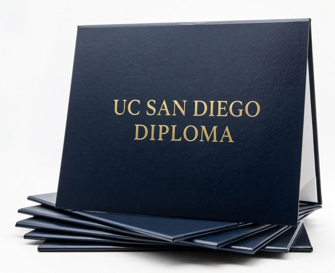 Navy Honor U diploma covers with gold foil UC San Diego lettering