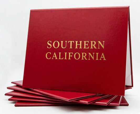 Red Honor U diploma covers with gold foil Southern California lettering