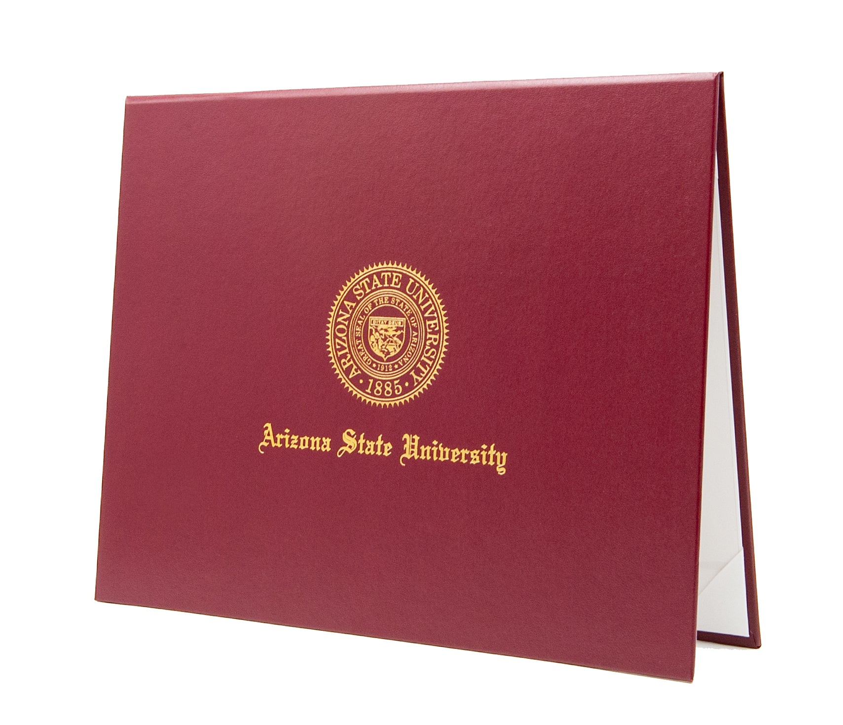 Maroon diploma cover with Arizona State University logo and old english text in metallic gold on a white background