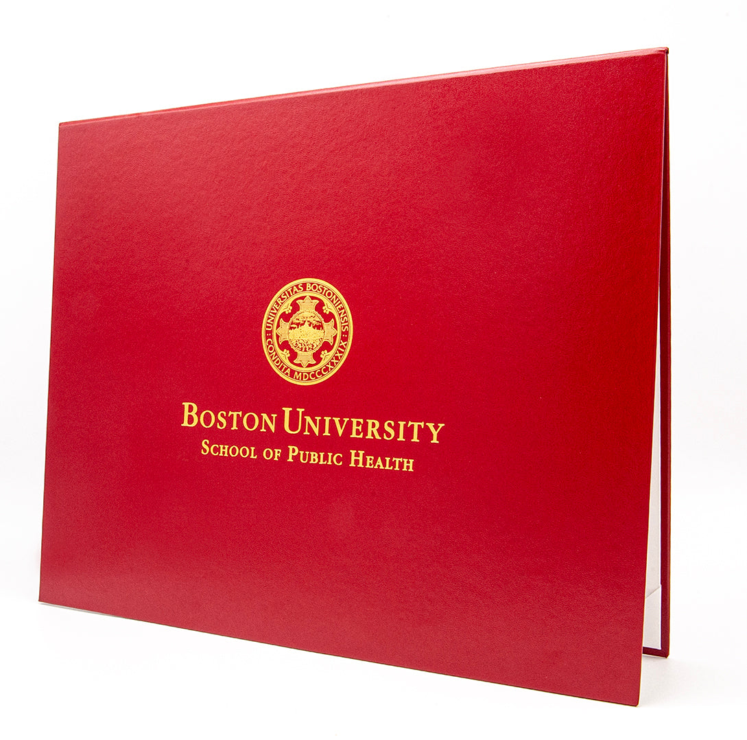 Red diploma cover with Boston University School of Public Health logo printed in metallic gold foil all sitting upon a plain white background