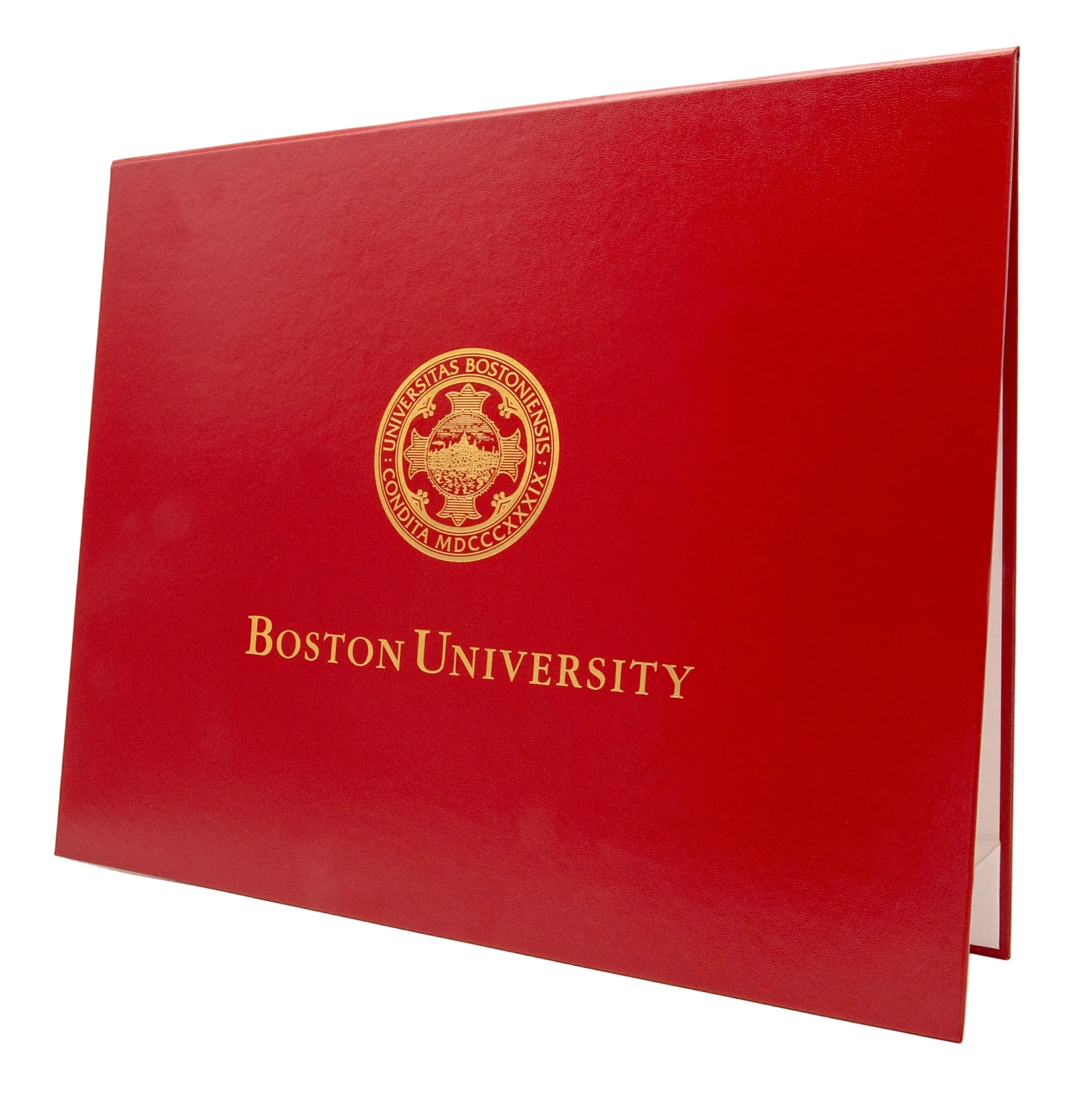 Red Boston University diploma folder with gold emblem and text on a white background
