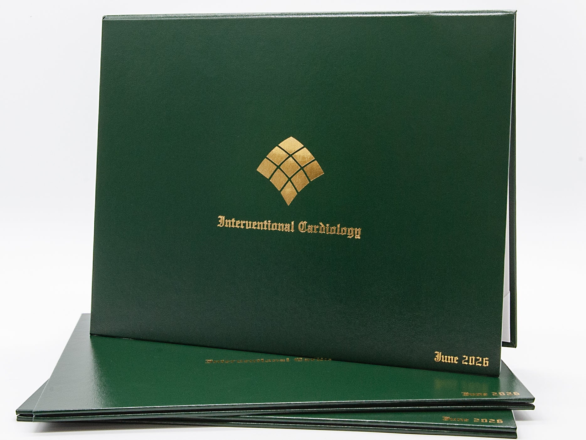 Green diploma cover with gold text and logo on a white background