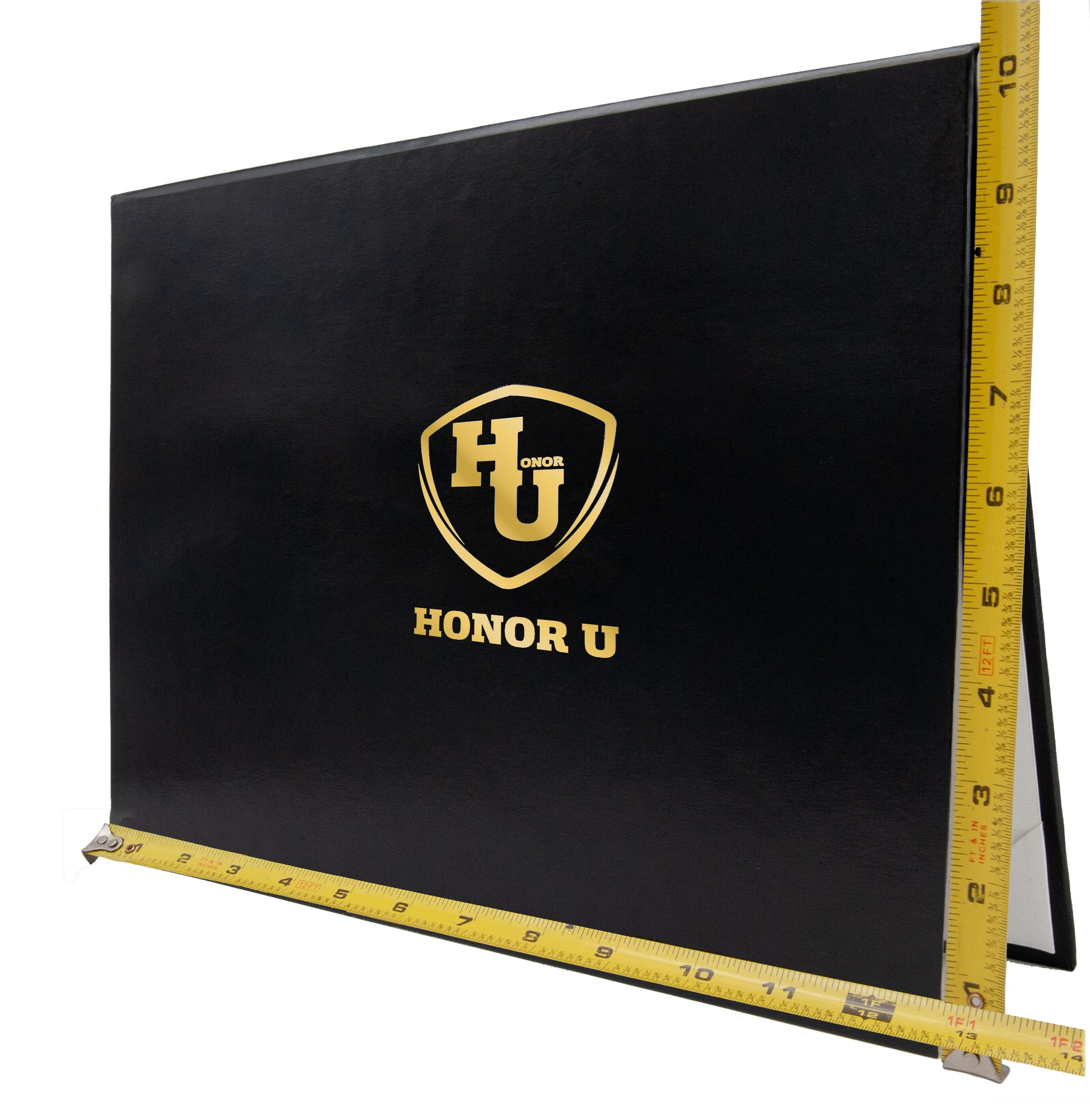 Black made-to-fit custom size Honor U tent-style document cover with logo, designed for unique document dimensions.