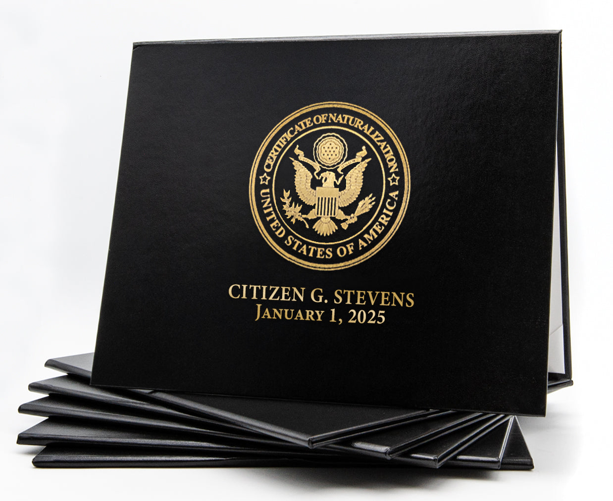 Honor U Classic Stock Cover for Naturalization Tent-Style Document Cover, black leather-like material with embossed emblem.