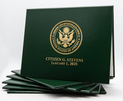Honor U classic stock certificate of naturalization tent-style document cover with green design and secure closure.