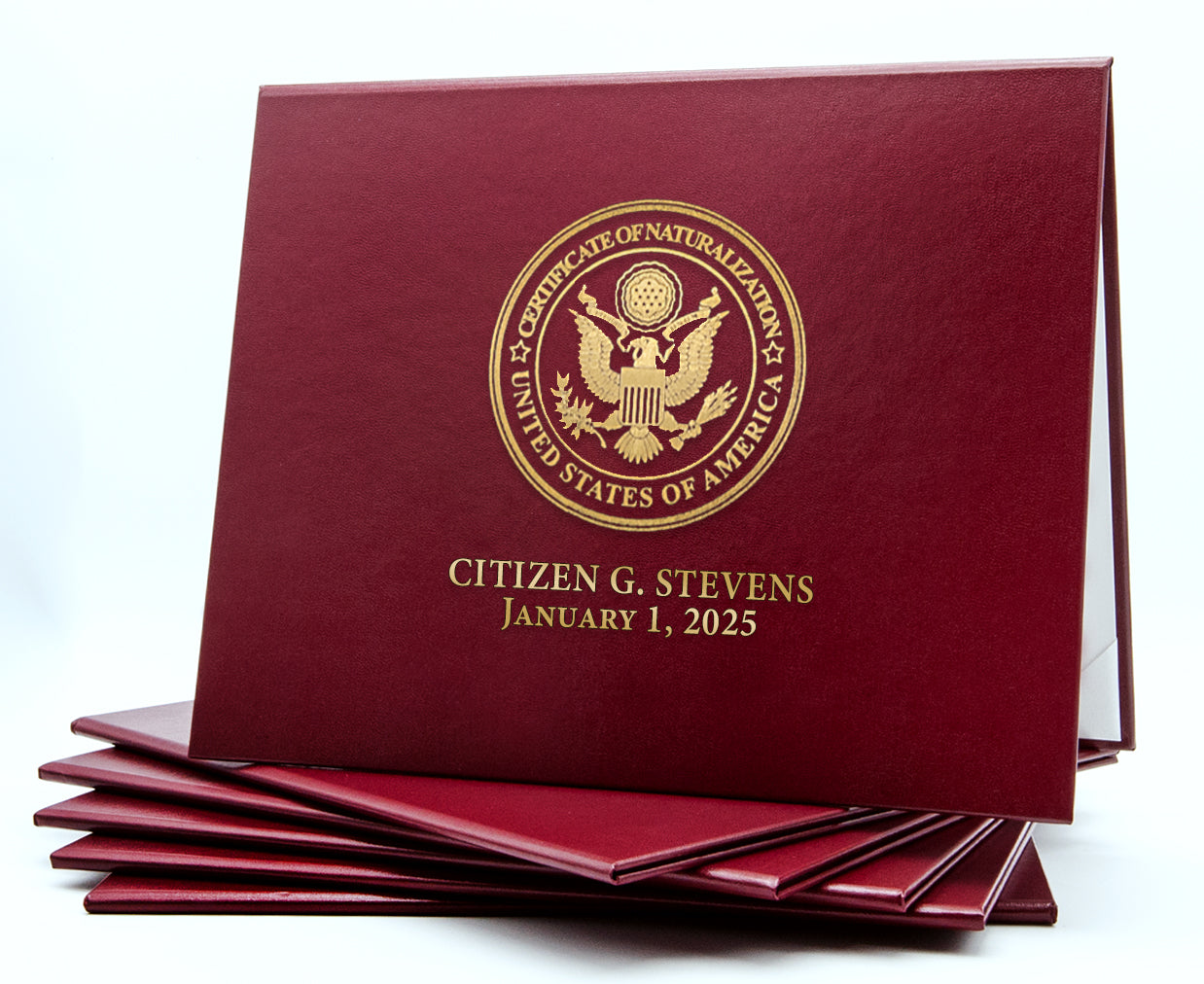 Maroon Honor U Classic Stock Cover for Naturalization Certificate with tent-style design and secure binding.