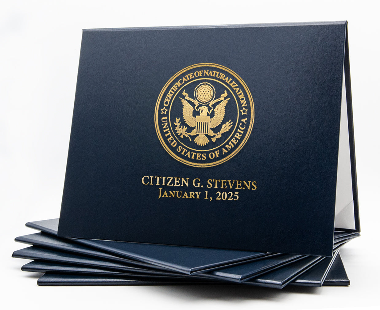 Honor U classic stock cover for naturalization certificate with navy tent-style design and secure binding.