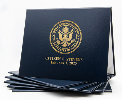 Honor U classic stock cover for naturalization certificate with navy tent-style design and secure binding.