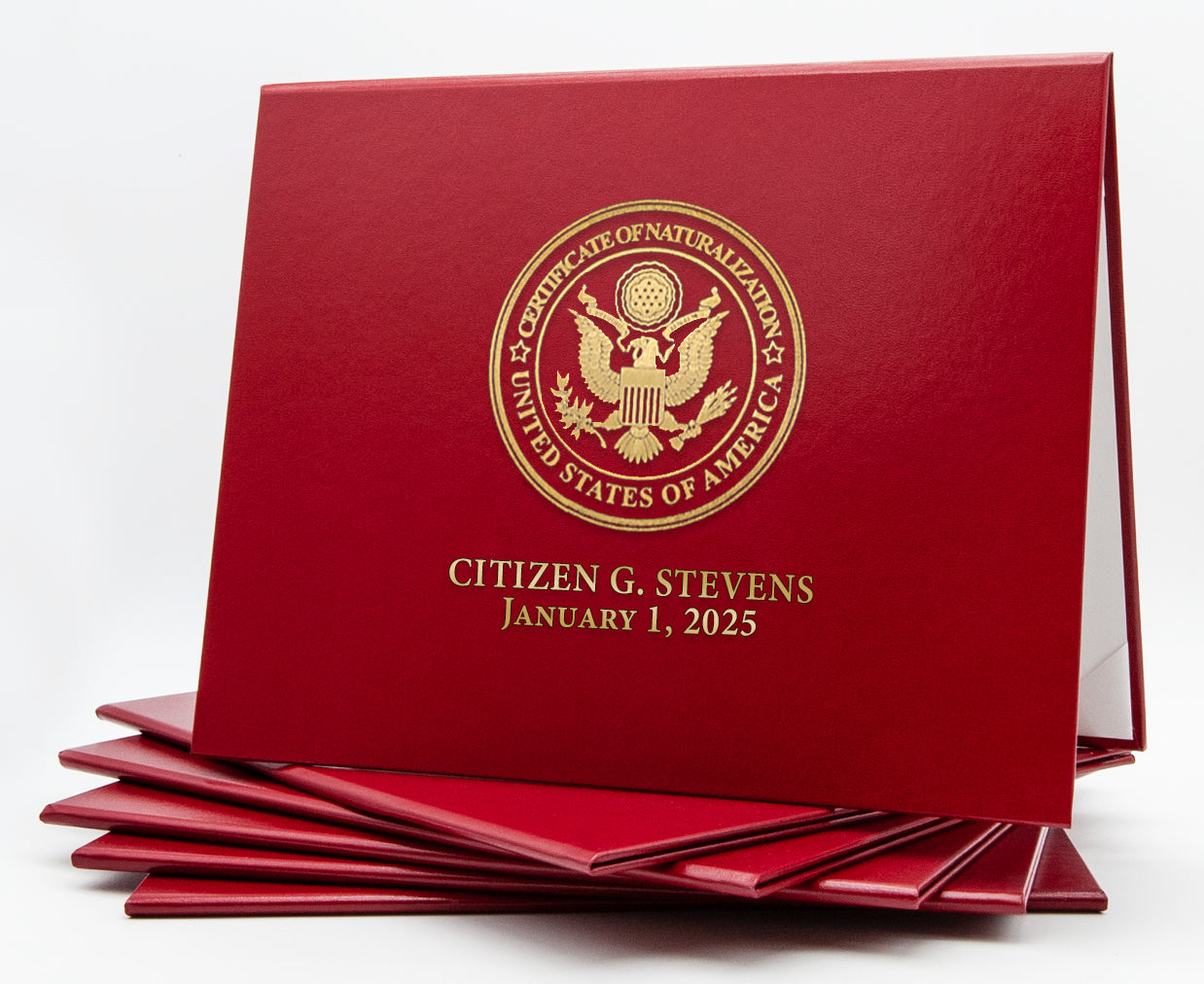 Red Honor U Classic Certificate of Naturalization tent-style document cover on white background.