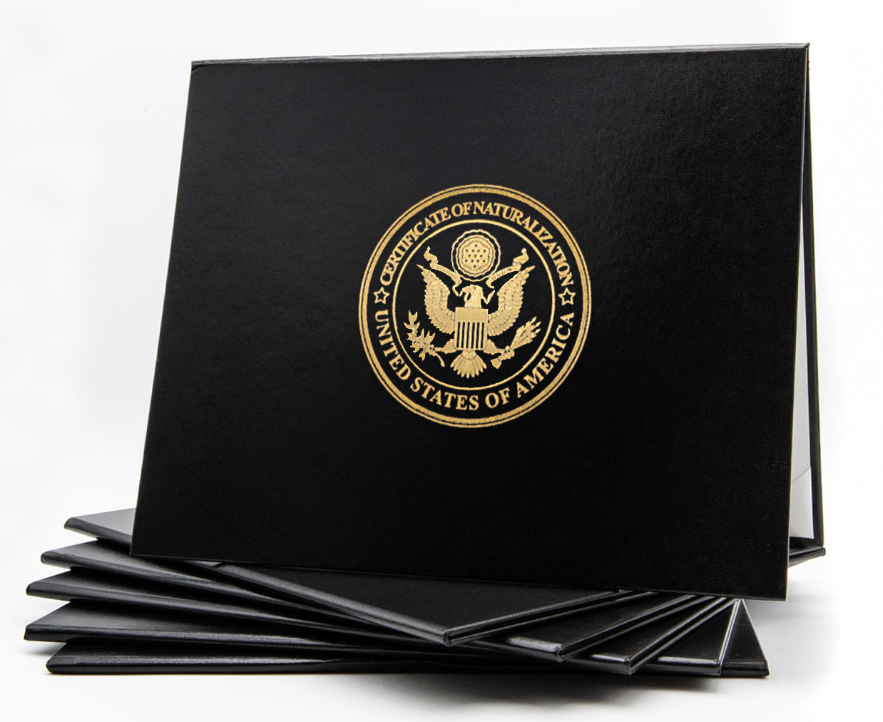 Black Honor U classic stock cover for naturalization certificates, tent-style document holder with secure closure.