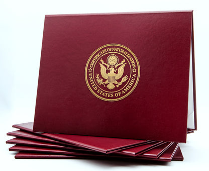 Maroon classic stock certificate of naturalization document cover by Honor U, tent-style design for naturalization certificates.