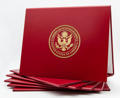 Red classic stock certificate of naturalization tent-style document cover by Honor U with embossed design and secure closure.