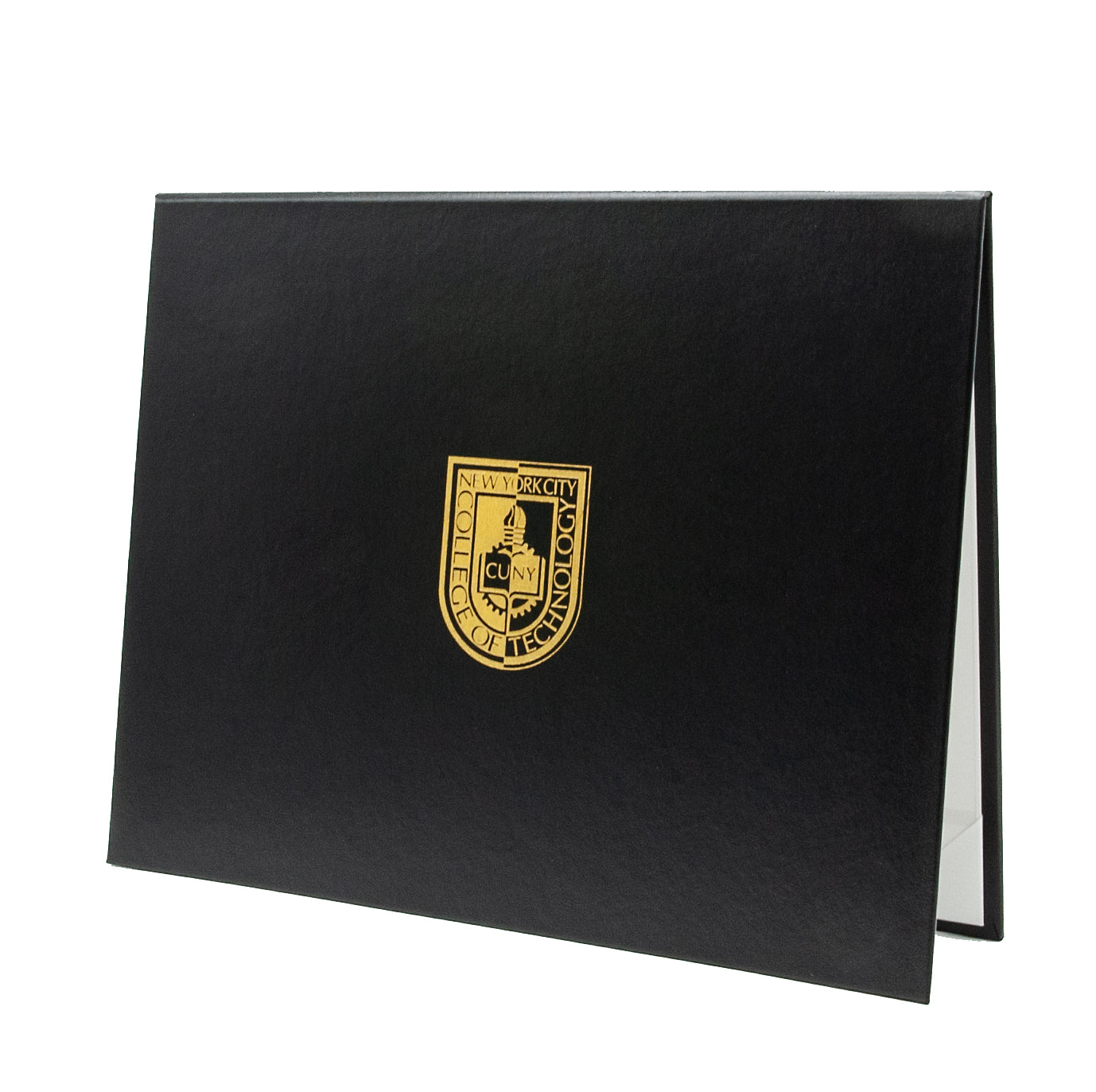 Black diploma folder with a gold emblem on a white background