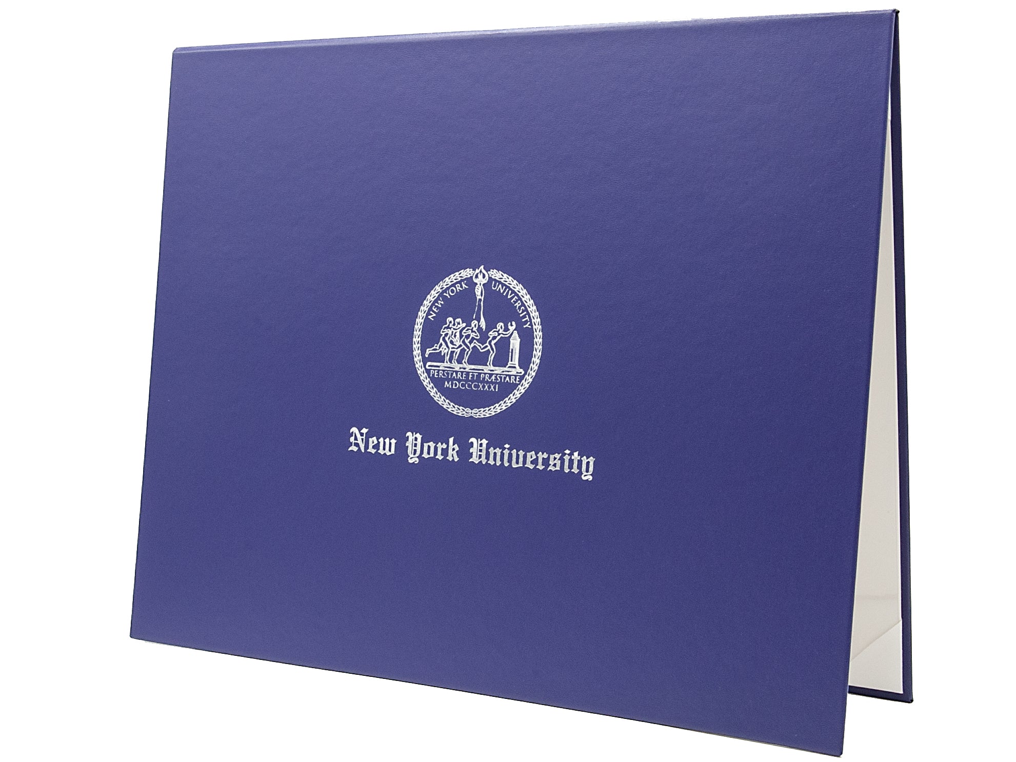 Purple diploma cover with New York University logo in metallic silver foil on a white background
