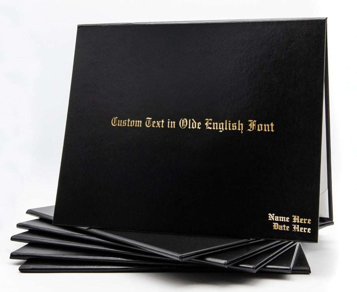 Black custom tent-style document cover by Honor U with metallic foil printed text for professional presentation.