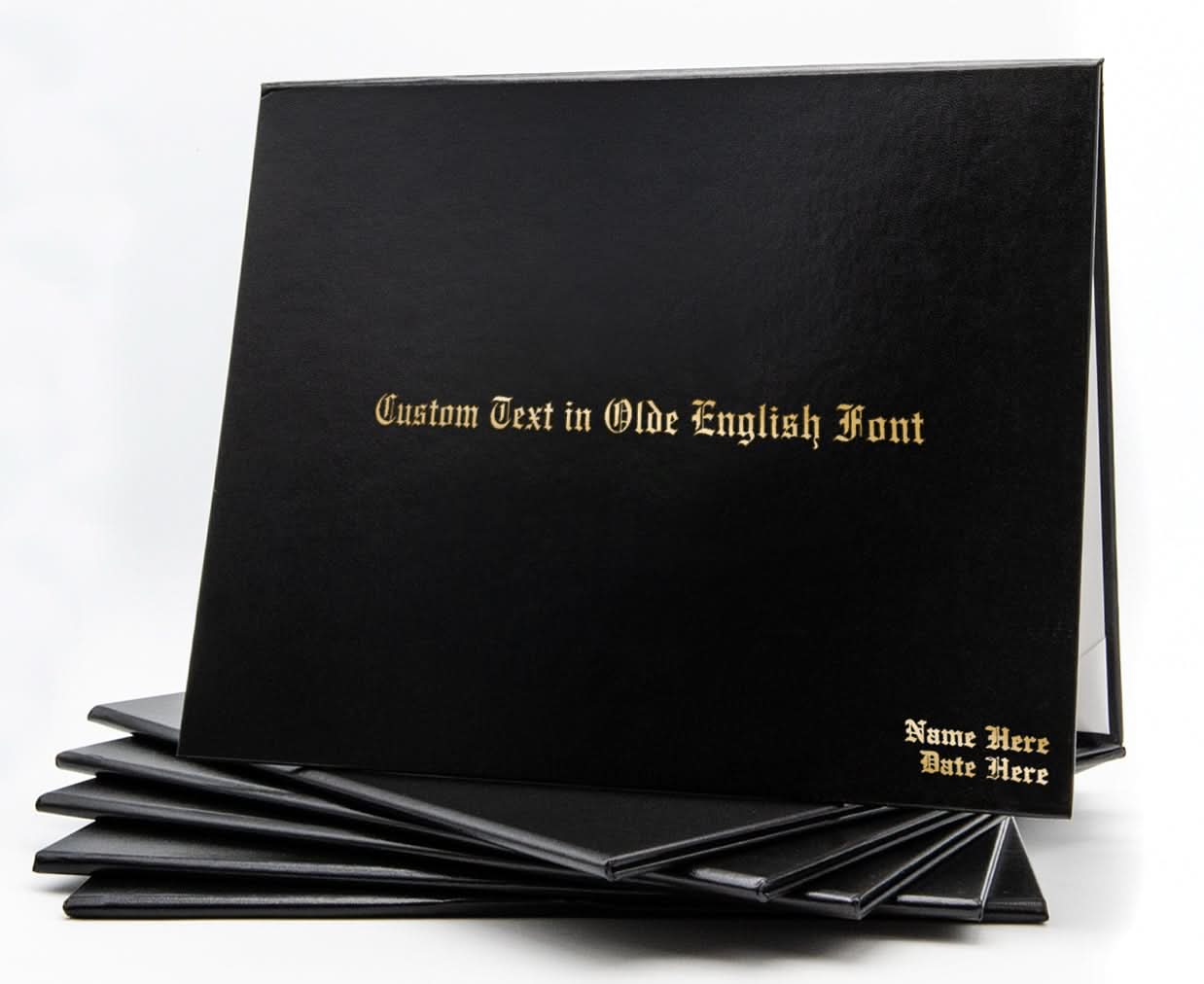 Black custom tent-style document cover by Honor U with metallic foil printed text for professional presentation.
