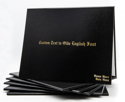 Black custom tent-style document cover by Honor U with metallic foil printed text for professional presentation.