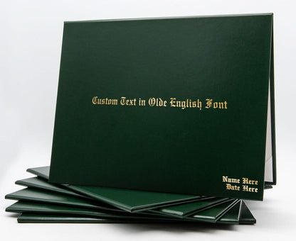 Custom green tent-style document cover with metallic foil printed text, designed by Honor U for professional presentation.