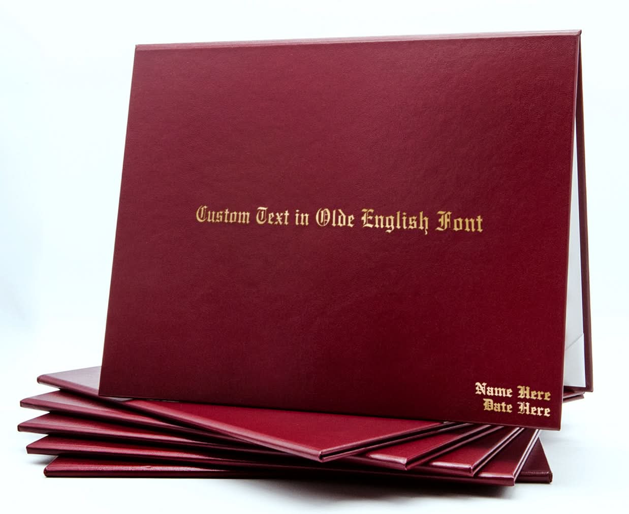 Maroon custom tent-style document cover with metallic foil printed text, designed by Honor U for professional presentation