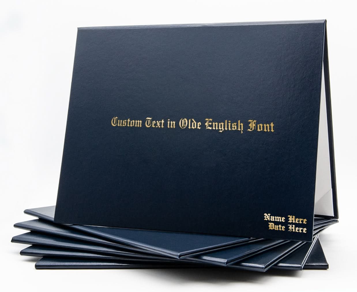 Navy blue custom tent-style document cover by Honor U with metallic foil printed text on the front.